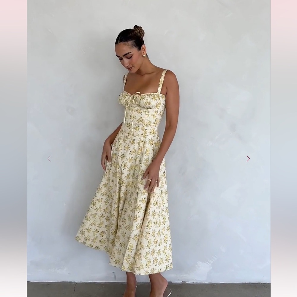 NWT NEW House of CB Carmen Bustier Sundress Yellow Floral Print